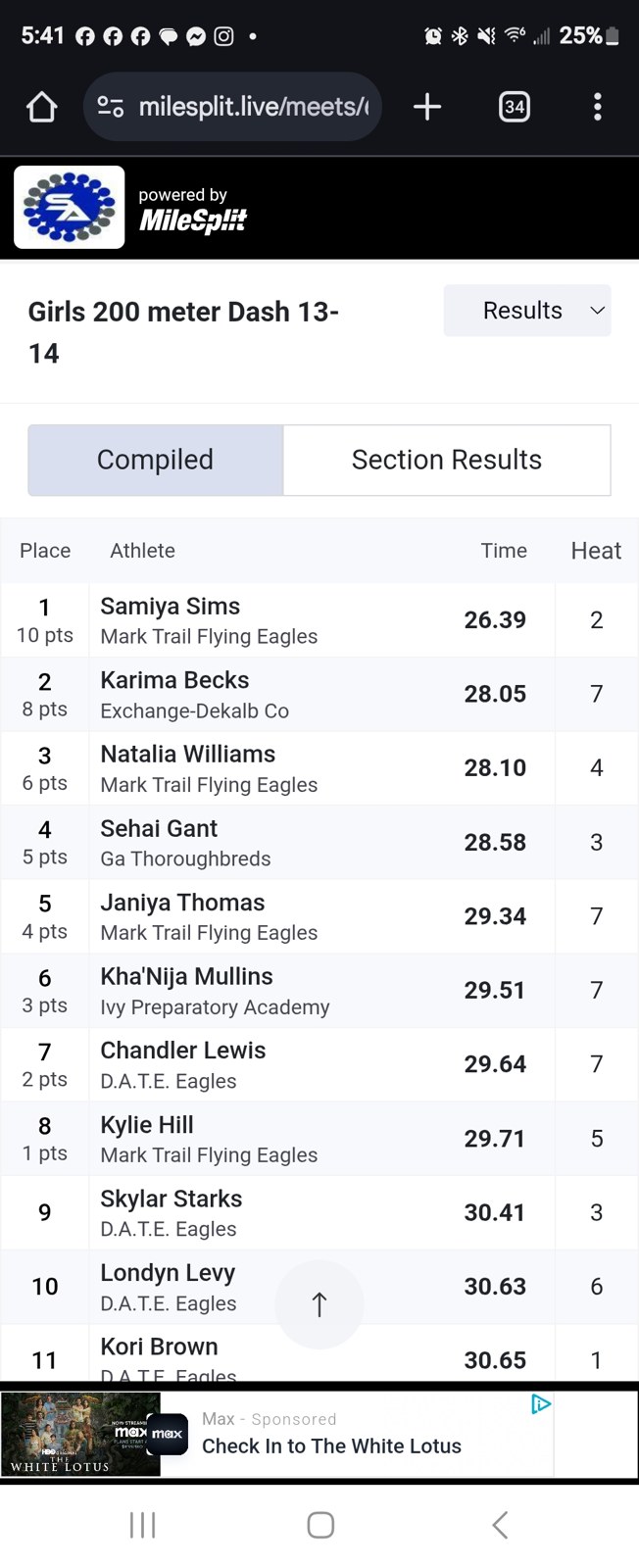 Screenshot of a historical girls 200-meter meet result listing Samiya Sims